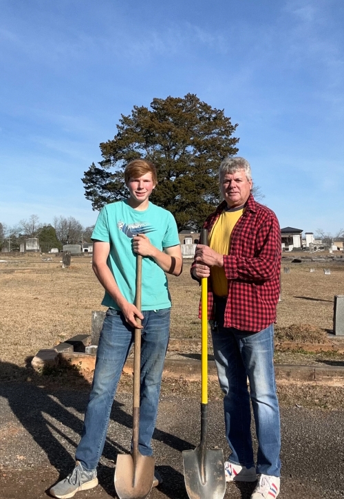 Volunteers Jacob and his Dad Joey Morgan have several generations of family buried in this cemetery. Thank you both for caring about our vision Photo by Jennifer Sarlo ©2024
